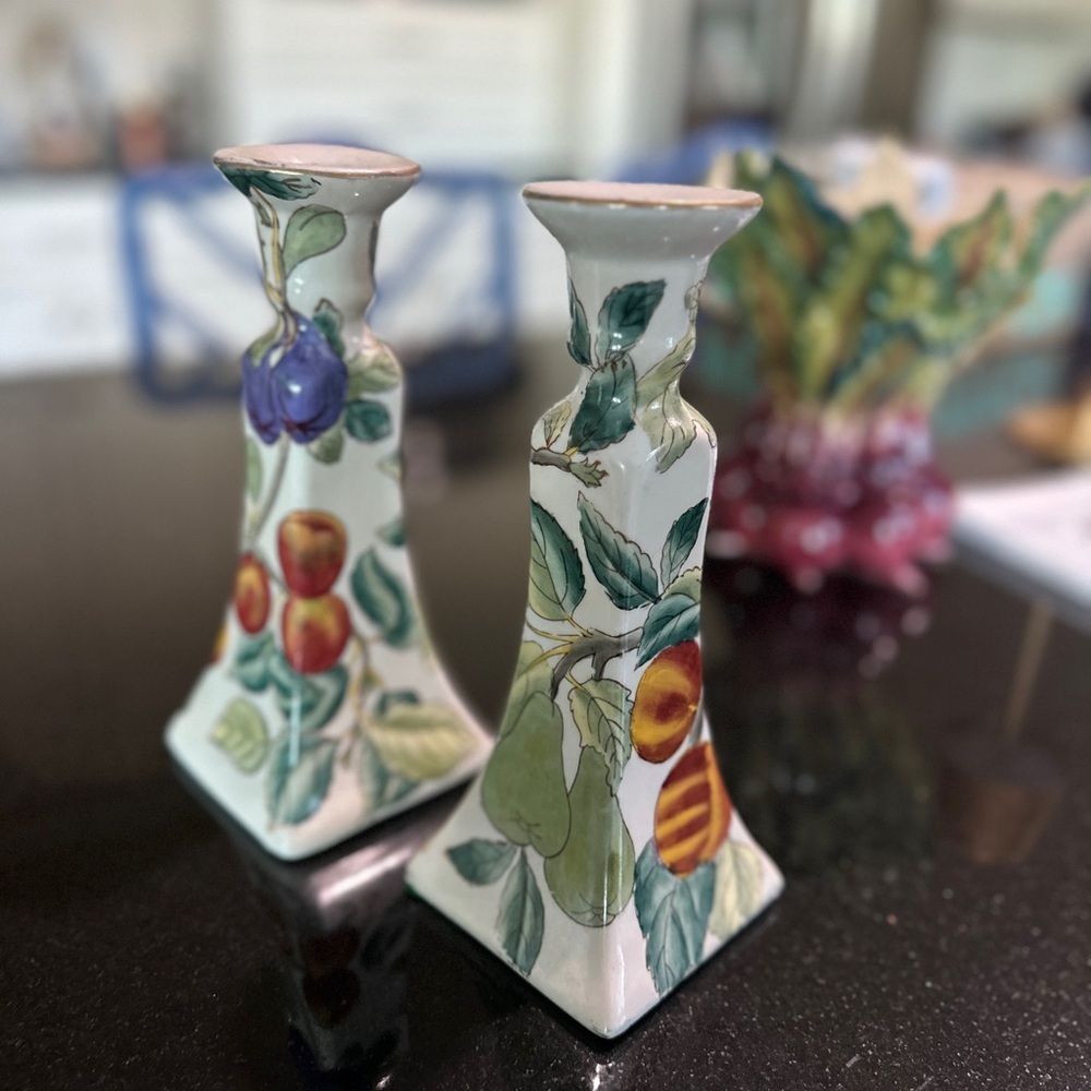 Set of Two Ceramic Fruit Motif Candlesticks - Picture 3 of 7